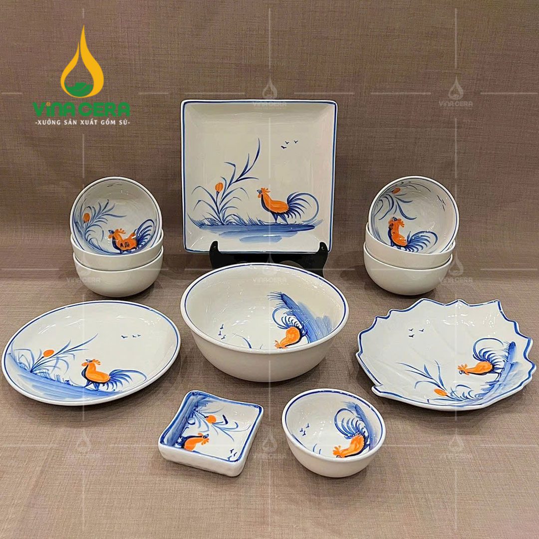 Bộ bàn ăn Bát Tràng men kem họa tiết gà trống