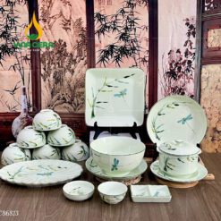 Bộ Bàn Ăn Bát Tràng Men Kem Vẽ Trúc Chuồn - BBA 102409 Bộ bàn ăn Bát Tràng men kem vẽ trúc chuồn