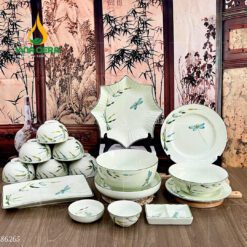 Bộ Bàn Ăn Bát Tràng Men Kem Vẽ Trúc Chuồn - BBA 102409 Bộ bàn ăn Bát Tràng men kem vẽ trúc chuồn