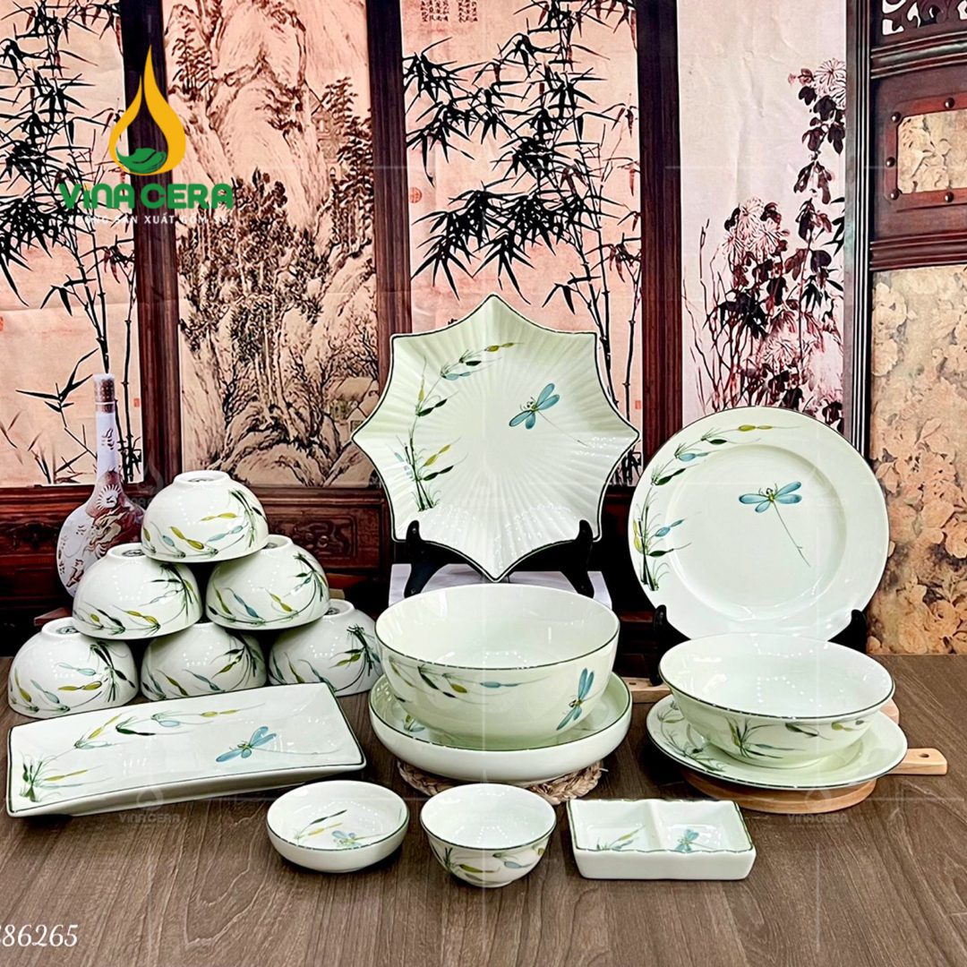 bo-ban-an-bat-trang-men-kem-ve-truc-chuon (11) Bộ bàn ăn Bát Tràng men kem vẽ trúc chuồn
