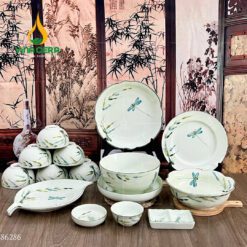 Bộ Bàn Ăn Bát Tràng Men Kem Vẽ Trúc Chuồn - BBA 102409 Bộ bàn ăn Bát Tràng men kem vẽ trúc chuồn