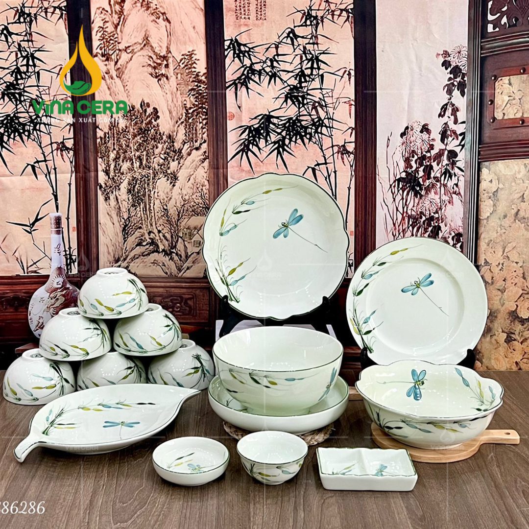 bo-ban-an-bat-trang-men-kem-ve-truc-chuon (12) Bộ bàn ăn Bát Tràng men kem vẽ trúc chuồn