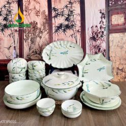 Bộ Bàn Ăn Bát Tràng Men Kem Vẽ Trúc Chuồn - BBA 102409 Bộ bàn ăn Bát Tràng men kem vẽ trúc chuồn