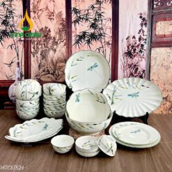 Bộ Bàn Ăn Bát Tràng Men Kem Vẽ Trúc Chuồn - BBA 102409 Bộ bàn ăn Bát Tràng men kem vẽ trúc chuồn