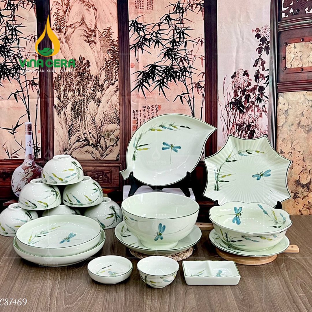 bo-ban-an-bat-trang-men-kem-ve-truc-chuon (17) Bộ bàn ăn Bát Tràng men kem vẽ trúc chuồn