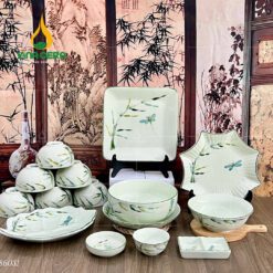 Bộ Bàn Ăn Bát Tràng Men Kem Vẽ Trúc Chuồn - BBA 102409 Bộ bàn ăn Bát Tràng men kem vẽ trúc chuồn