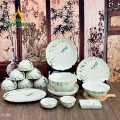 Bộ Bàn Ăn Bát Tràng Men Kem Vẽ Trúc Chuồn - BBA 102409 Bộ bàn ăn Bát Tràng men kem vẽ trúc chuồn