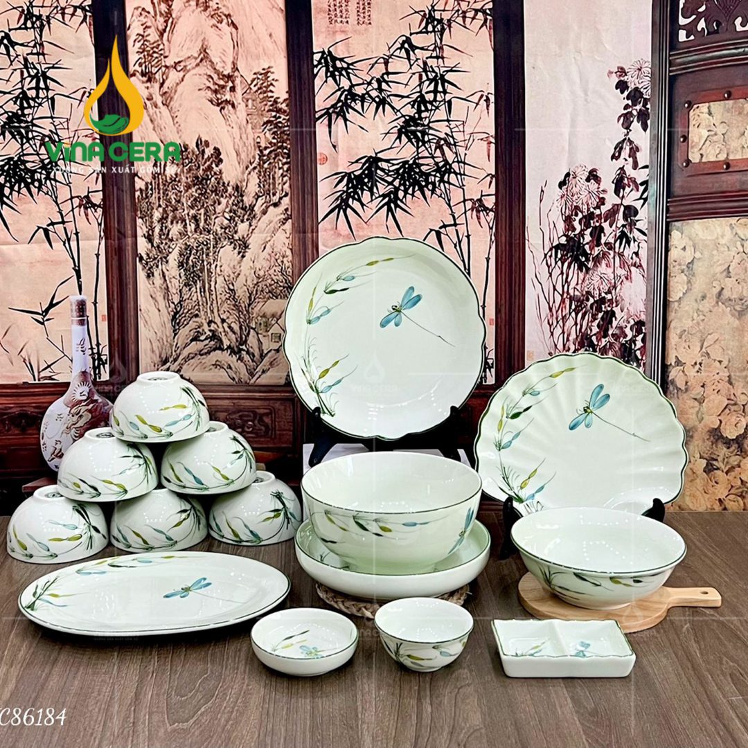 bo-ban-an-bat-trang-men-kem-ve-truc-chuon (4) Bộ bàn ăn Bát Tràng men kem vẽ trúc chuồn