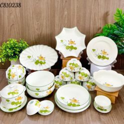 Bộ chén đĩa Bát Tràng vẽ tay hoa sen cam