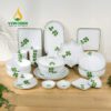 Bộ Chén Đĩa Sứ Bát Tràng Họa Tiết Cỏ Bốn Lá Vẽ Tay - BBA 102413 Bộ chén đĩa sứ Bát Tràng họa tiết có bốn lá vẽ tay