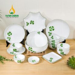 Bộ Chén Đĩa Sứ Bát Tràng Họa Tiết Cỏ Bốn Lá Vẽ Tay - BBA 102413 Bộ chén đĩa sứ Bát Tràng họa tiết có bốn lá vẽ tay