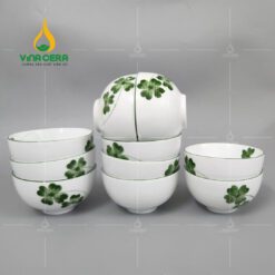 Bộ Chén Đĩa Sứ Bát Tràng Họa Tiết Cỏ Bốn Lá Vẽ Tay - BBA 102413 Bộ chén đĩa sứ Bát Tràng họa tiết có bốn lá vẽ tay