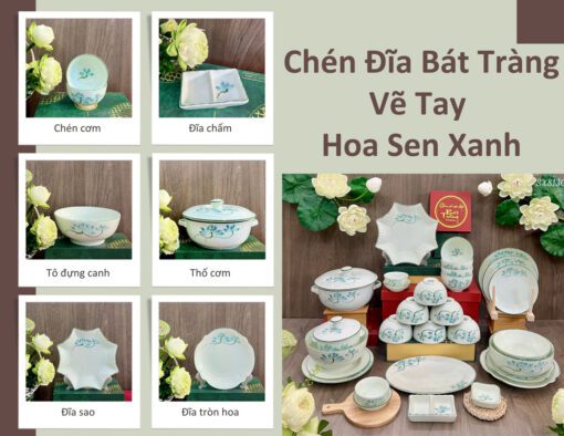 Chén đĩa Bát Tràng vẽ tay hoa sen xanh