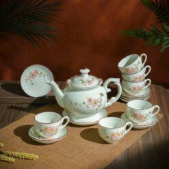 Ấm chén Bát Tràng men kem hoa Đào đỏ AC02112224