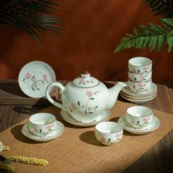 Ấm chén Bát Tràng men kem hoa Đào đỏ AC02112224