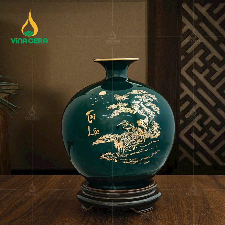 Bình Hút Lộc Vẽ Vàng Bát Tràng Màu Xanh Lục BHL-02110524 Bình Hút Lộc Vẽ Vàng Bát Tràng Màu Xanh Lục BHL-02110524