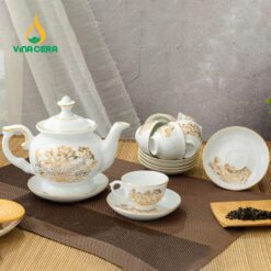 Bộ Ấm Trà Đài Cát Vàng Kim VN AC 38 Bộ Ấm Chén Đài Các Vẽ Hoa Sen Vàng Kim