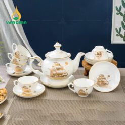 Bộ Ấm Trà Đài Cát Vàng Kim VN AC 38 Bộ Ấm Chén Đài Các Vẽ Vàng Thuận Buồm Xuôi Gió