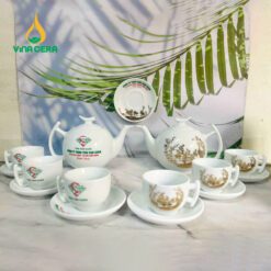 Bộ Ấm Trà Trăng Khuyết Vẽ Vàng Kim VN AC 43 Bộ Ấm Chén Nắp Trăng Khuyết Vẽ Vàng Công Đào