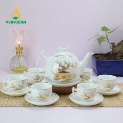Bộ Ấm Trà Trăng Khuyết Vẽ Vàng Kim VN AC 43 Bộ Ấm Chén Nắp Trăng Khuyết Vẽ Vàng Công Đào