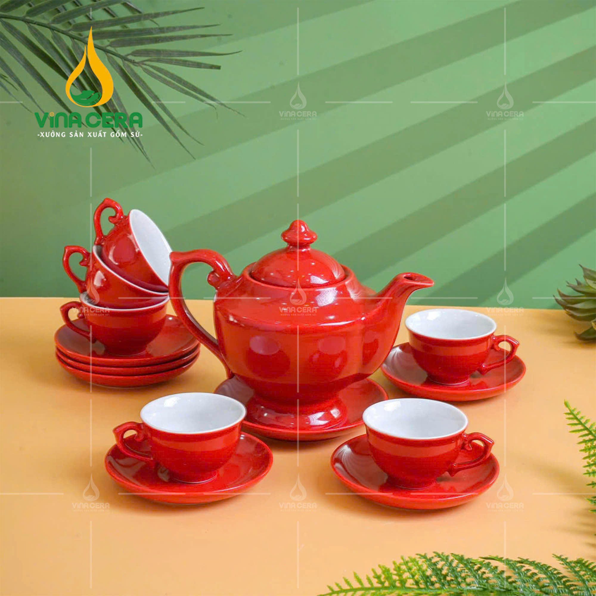 Bộ Ấm Chén Sứ Bát Tràng Men Đỏ (1) Bộ Ấm Chén Sứ Bát Tràng Men Đỏ