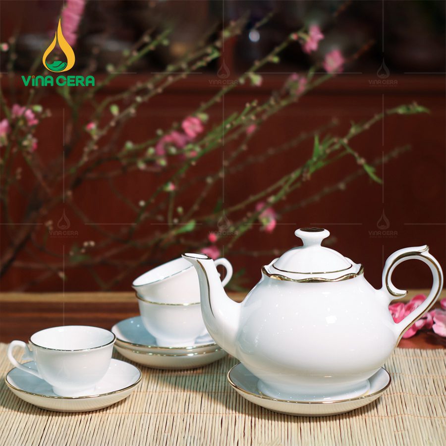 Bộ Ấm Chén Trà Thiên Kim Viền Vàng Kim (8) Bộ Ấm Chén Trà Thiên Kim Viền Vàng Kim