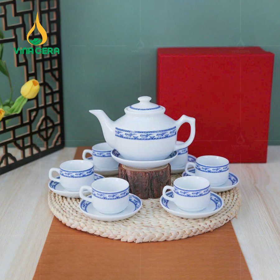 Bộ Ấm Trà Sứ Trắng Viền Chim Hạc – VN AC 52 (10) Bộ Ấm Trà Sứ Trắng Viền Chim Hạc – VN AC 52