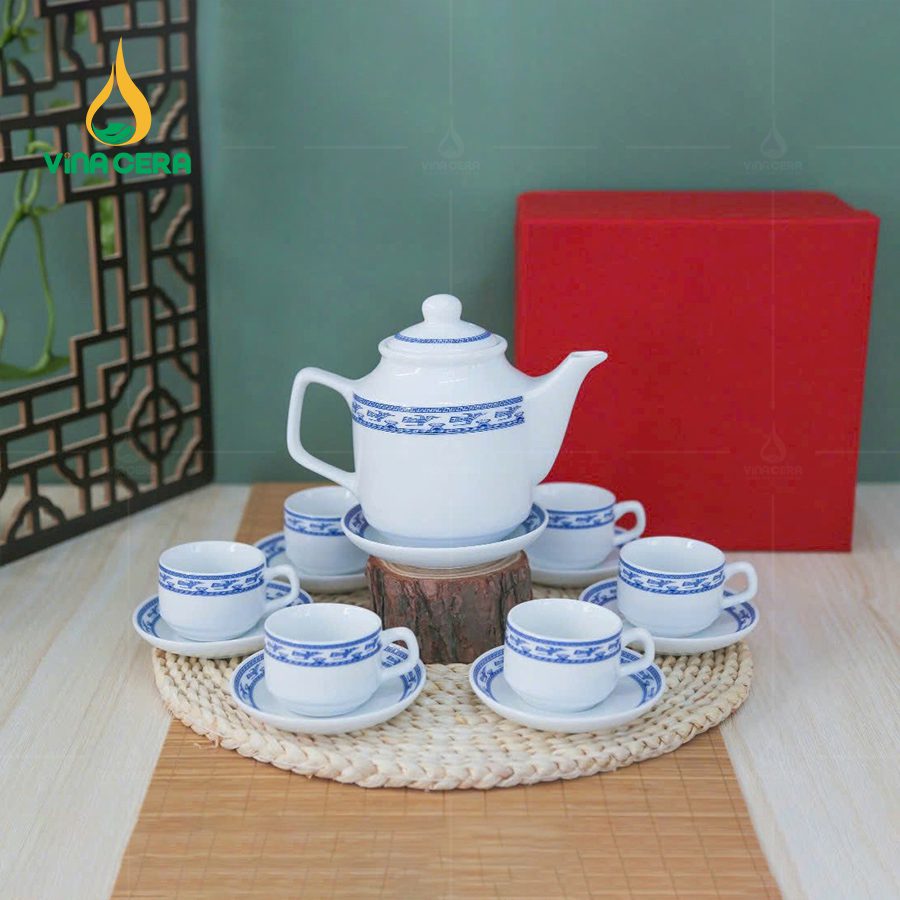 Bộ Ấm Trà Sứ Trắng Viền Chim Hạc – VN AC 52 (2) Bộ Ấm Trà Sứ Trắng Viền Chim Hạc – VN AC 52