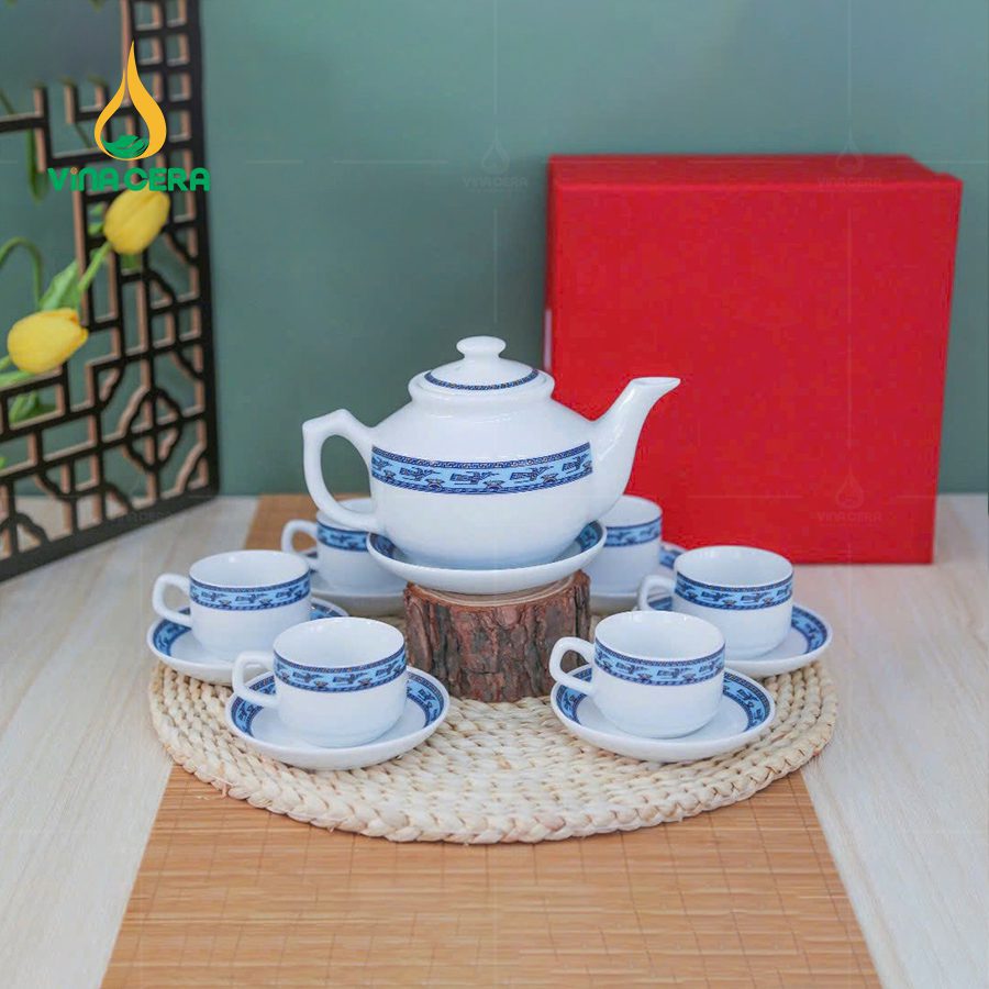 Bộ Ấm Trà Sứ Trắng Viền Chim Hạc – VN AC 52 (8) Bộ Ấm Trà Sứ Trắng Viền Chim Hạc – VN AC 52