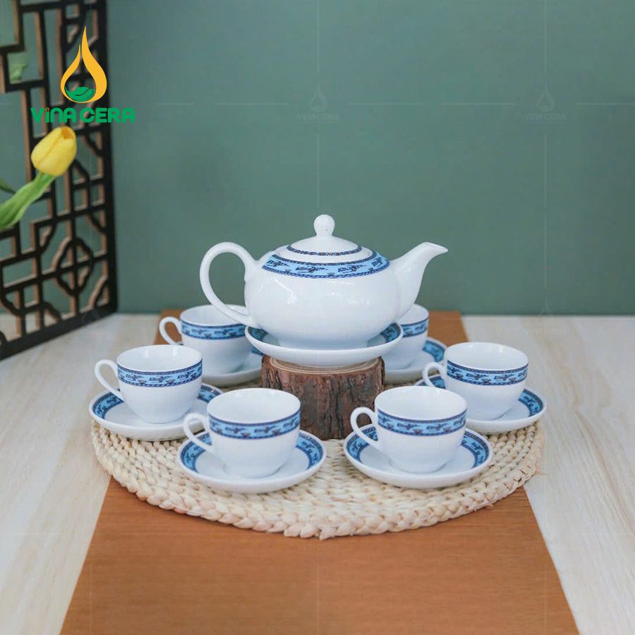 Bộ Ấm Trà Sứ Trắng Viền Chim Hạc – VN AC 52 (9) Bộ Ấm Trà Sứ Trắng Viền Chim Hạc – VN AC 52