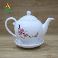 Bộ Trà Sứ Trắng Vẽ Hoa Đào in logo quà Tết VNAC04 Bộ Trà Sứ Trắng Vẽ Hoa Đào in logo quà Tết VNAC04