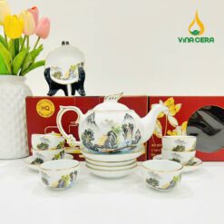 Bộ ấm Trà Bát Tràng Kẻ Vàng Hoa Văn Sơn Thủy VN AC 55 Bộ ấm Trà Bát Tràng Kẻ Vàng Hoa Văn Sơn Thủy VN AC 55