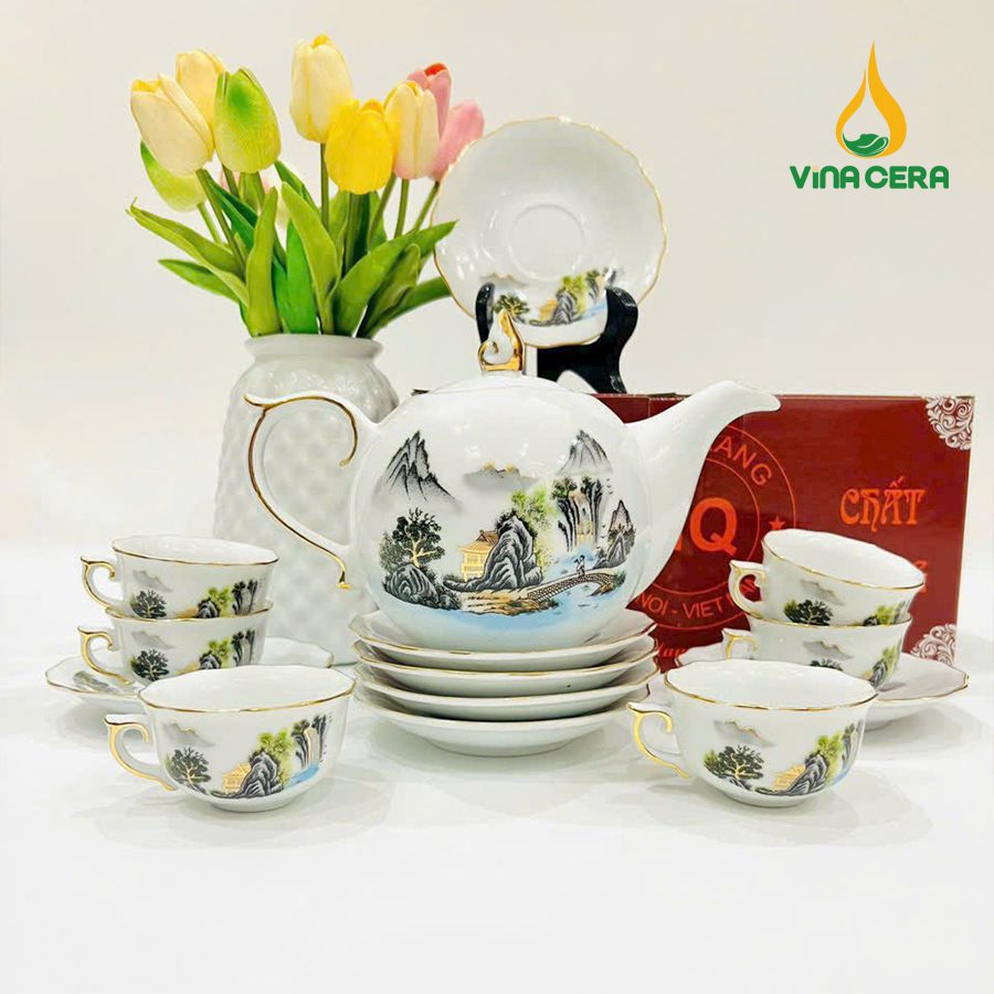 Bộ ấm Trà Bát Tràng Kẻ Vàng Hoa Văn Sơn Thủy (11) Bộ ấm Trà Bát Tràng Kẻ Vàng Hoa Văn Sơn Thủy VN AC 55