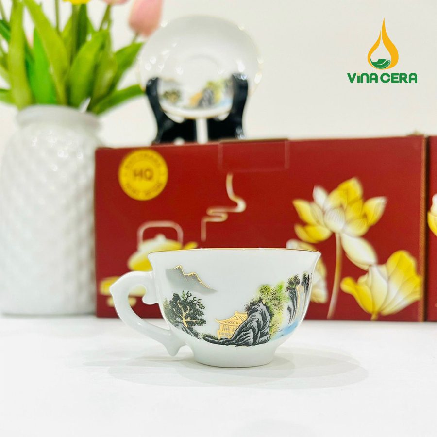 Bộ ấm Trà Bát Tràng Kẻ Vàng Hoa Văn Sơn Thủy (12) Bộ ấm Trà Bát Tràng Kẻ Vàng Hoa Văn Sơn Thủy VN AC 55