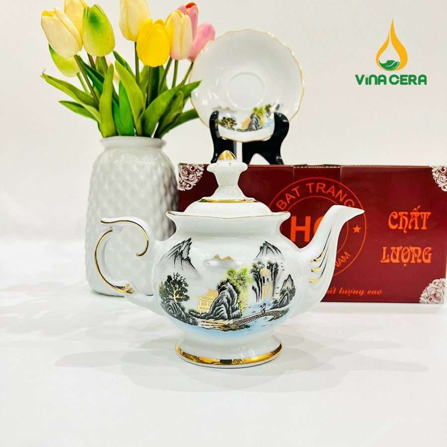 Bộ ấm Trà Bát Tràng Kẻ Vàng Hoa Văn Sơn Thủy (13) Bộ ấm Trà Bát Tràng Kẻ Vàng Hoa Văn Sơn Thủy VN AC 55