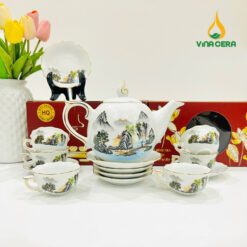 Bộ ấm Trà Bát Tràng Kẻ Vàng Hoa Văn Sơn Thủy VN AC 55 Bộ ấm Trà Bát Tràng Kẻ Vàng Hoa Văn Sơn Thủy VN AC 55
