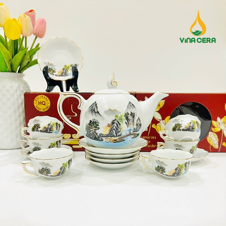 Bộ ấm Trà Bát Tràng Kẻ Vàng Hoa Văn Sơn Thủy (14) Bộ ấm Trà Bát Tràng Kẻ Vàng Hoa Văn Sơn Thủy VN AC 55