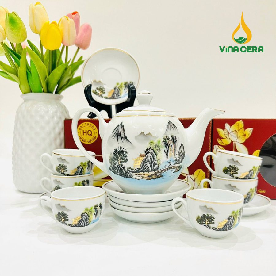 Bộ ấm Trà Bát Tràng Kẻ Vàng Hoa Văn Sơn Thủy (15) Bộ ấm Trà Bát Tràng Kẻ Vàng Hoa Văn Sơn Thủy VN AC 55