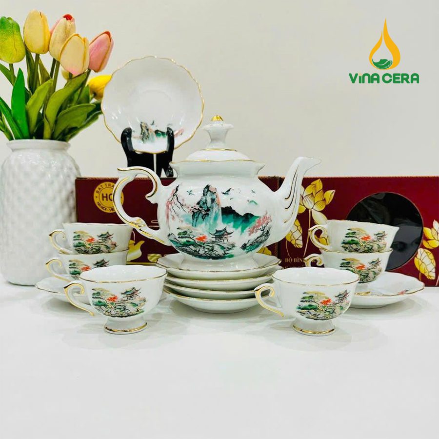 Bộ ấm Trà Bát Tràng Kẻ Vàng Hoa Văn Sơn Thủy (17) Bộ ấm Trà Bát Tràng Kẻ Vàng Hoa Văn Sơn Thủy VN AC 55