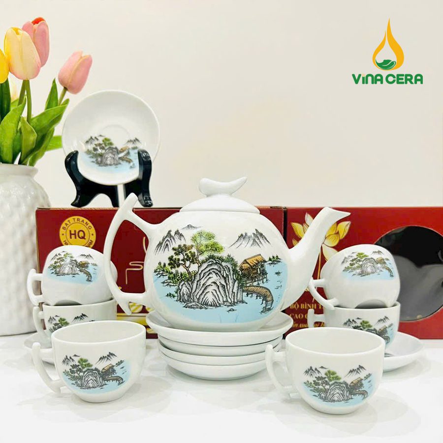 Bộ ấm Trà Bát Tràng Kẻ Vàng Hoa Văn Sơn Thủy (18) Bộ ấm Trà Bát Tràng Kẻ Vàng Hoa Văn Sơn Thủy VN AC 55
