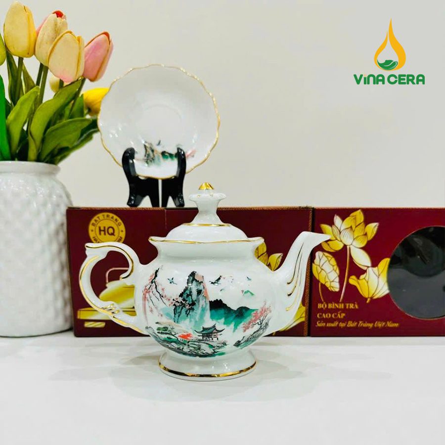 Bộ ấm Trà Bát Tràng Kẻ Vàng Hoa Văn Sơn Thủy (19) Bộ ấm Trà Bát Tràng Kẻ Vàng Hoa Văn Sơn Thủy VN AC 55