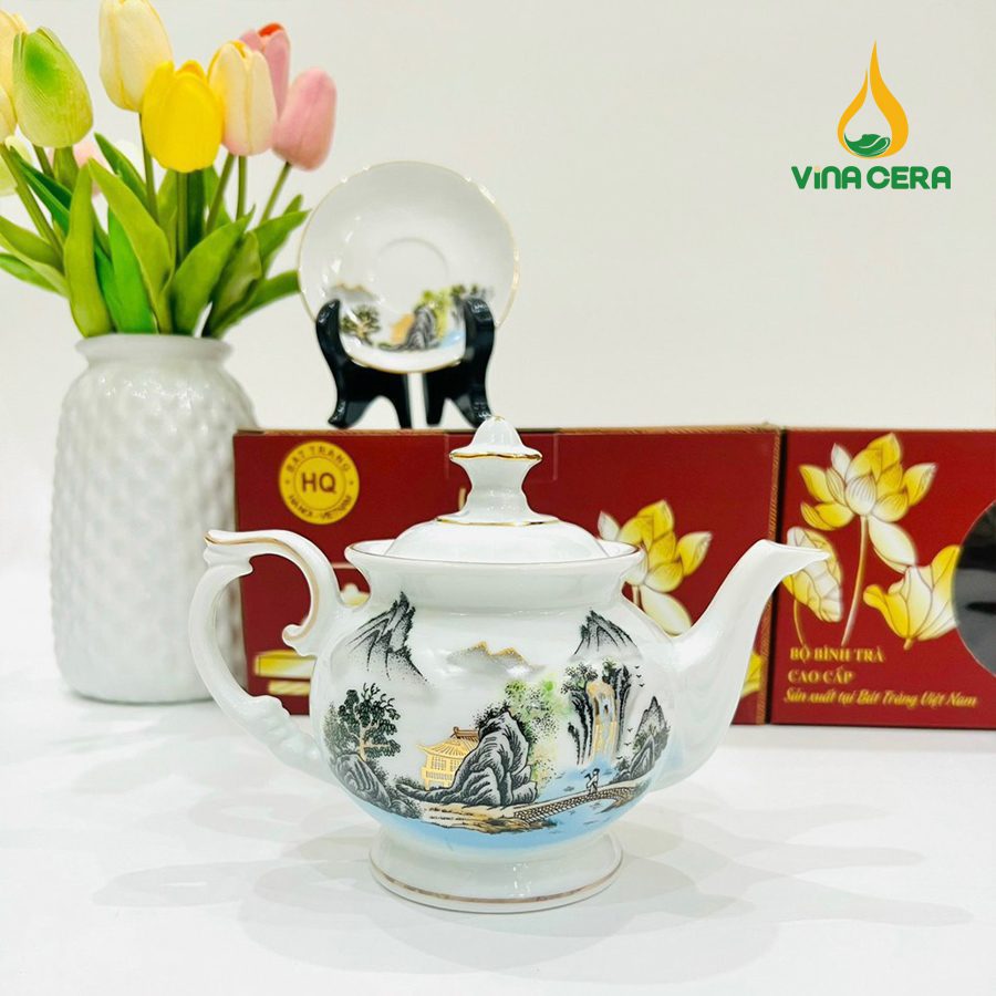 Bộ ấm Trà Bát Tràng Kẻ Vàng Hoa Văn Sơn Thủy (2) Bộ ấm Trà Bát Tràng Kẻ Vàng Hoa Văn Sơn Thủy VN AC 55