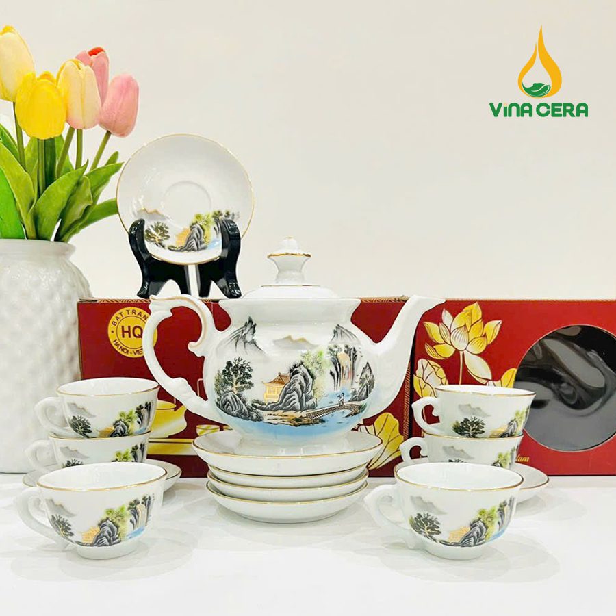 Bộ ấm Trà Bát Tràng Kẻ Vàng Hoa Văn Sơn Thủy (23) Bộ ấm Trà Bát Tràng Kẻ Vàng Hoa Văn Sơn Thủy VN AC 55