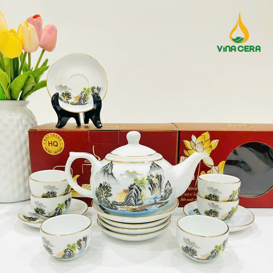 Bộ ấm Trà Bát Tràng Kẻ Vàng Hoa Văn Sơn Thủy (26) Bộ ấm Trà Bát Tràng Kẻ Vàng Hoa Văn Sơn Thủy VN AC 55
