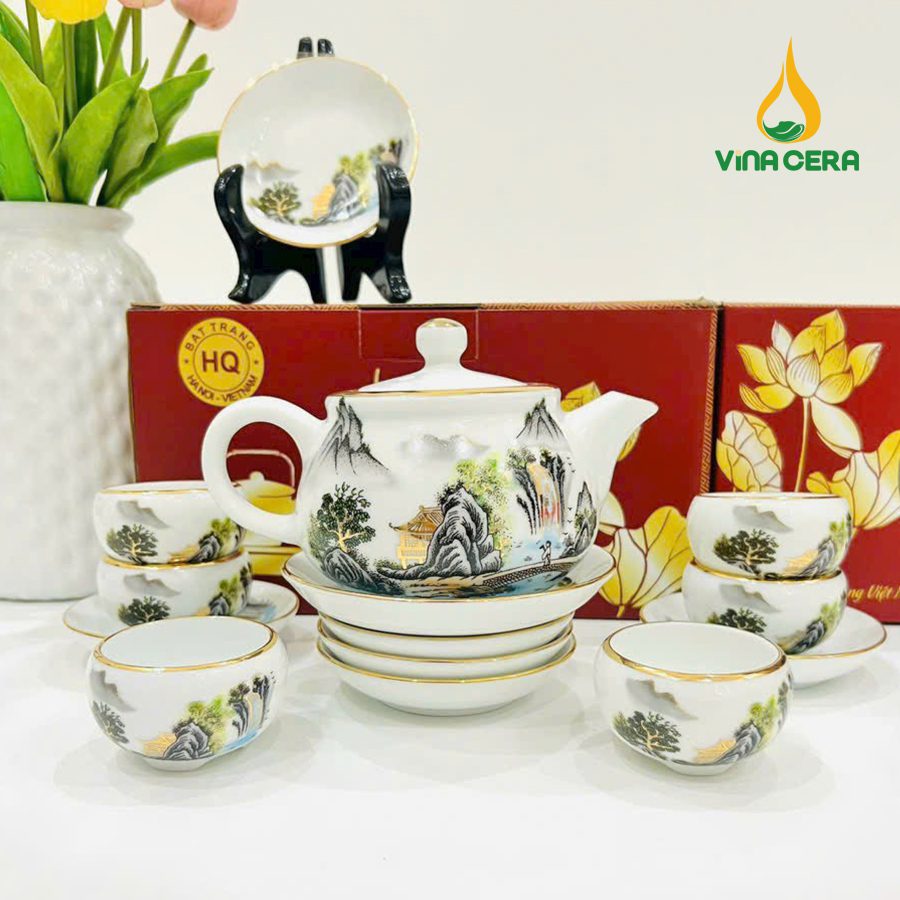 Bộ ấm Trà Bát Tràng Kẻ Vàng Hoa Văn Sơn Thủy (28) Bộ ấm Trà Bát Tràng Kẻ Vàng Hoa Văn Sơn Thủy VN AC 55