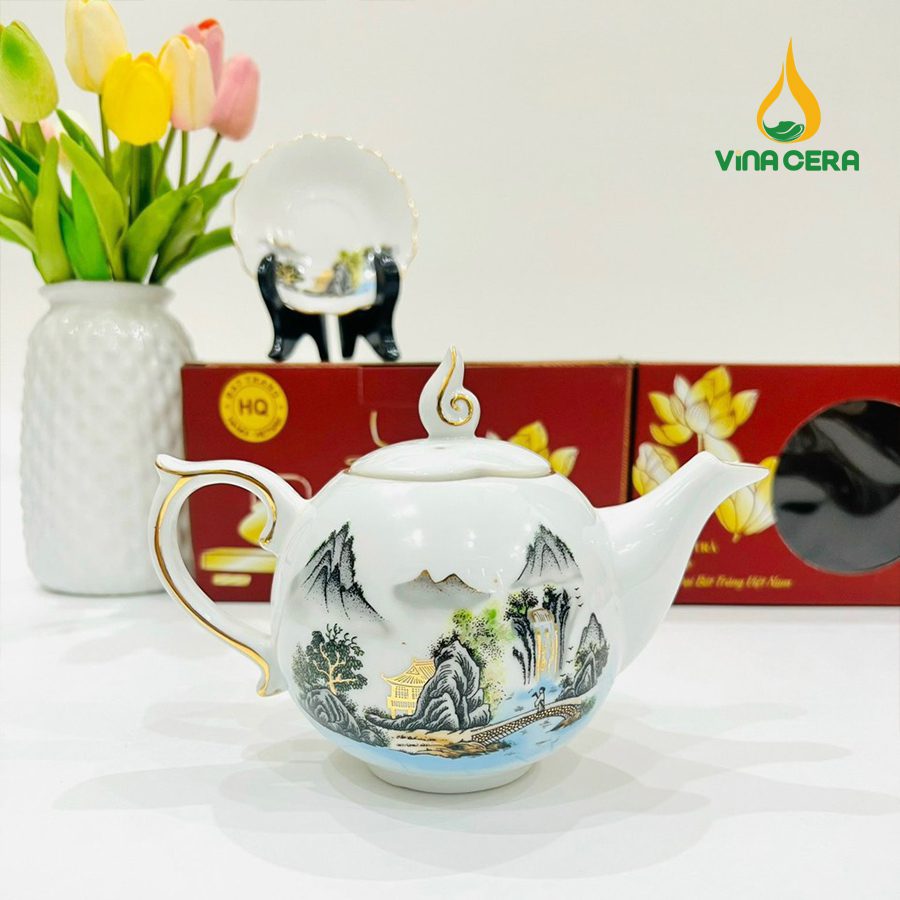 Bộ ấm Trà Bát Tràng Kẻ Vàng Hoa Văn Sơn Thủy (29) Bộ ấm Trà Bát Tràng Kẻ Vàng Hoa Văn Sơn Thủy VN AC 55