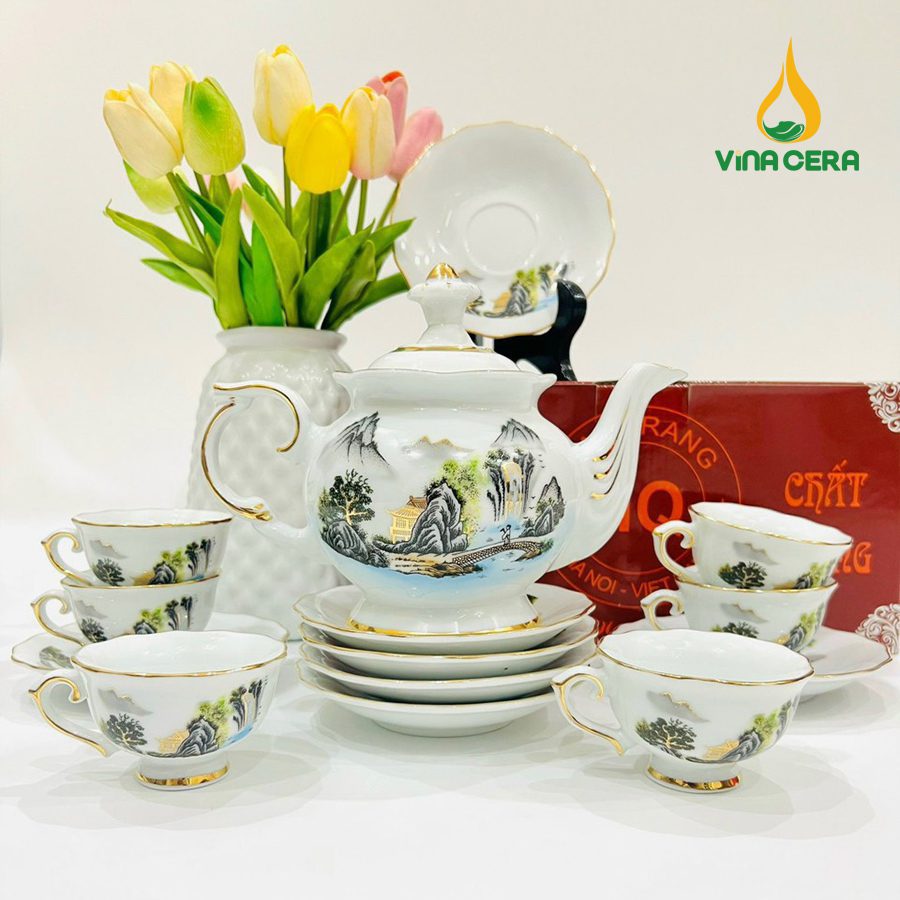 Bộ ấm Trà Bát Tràng Kẻ Vàng Hoa Văn Sơn Thủy (3) Bộ ấm Trà Bát Tràng Kẻ Vàng Hoa Văn Sơn Thủy VN AC 55
