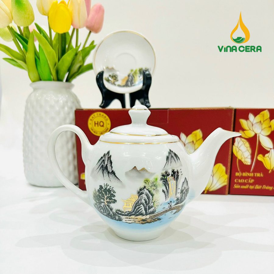 Bộ ấm Trà Bát Tràng Kẻ Vàng Hoa Văn Sơn Thủy (30) Bộ ấm Trà Bát Tràng Kẻ Vàng Hoa Văn Sơn Thủy VN AC 55