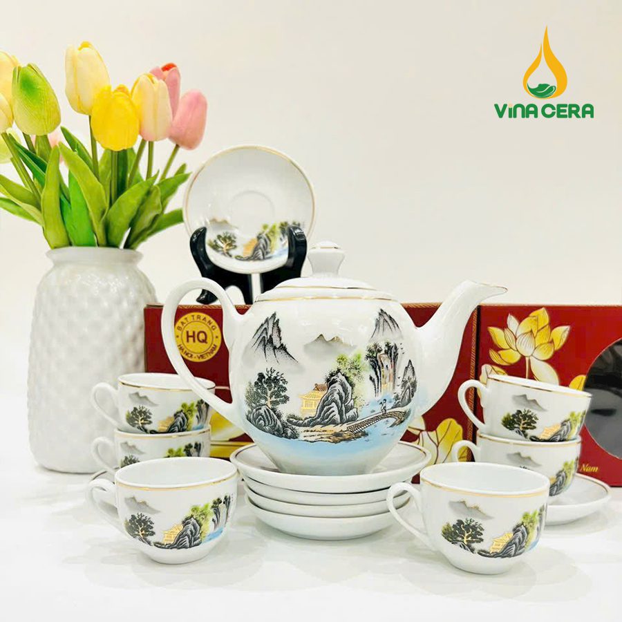 Bộ ấm Trà Bát Tràng Kẻ Vàng Hoa Văn Sơn Thủy (32) Bộ ấm Trà Bát Tràng Kẻ Vàng Hoa Văn Sơn Thủy VN AC 55