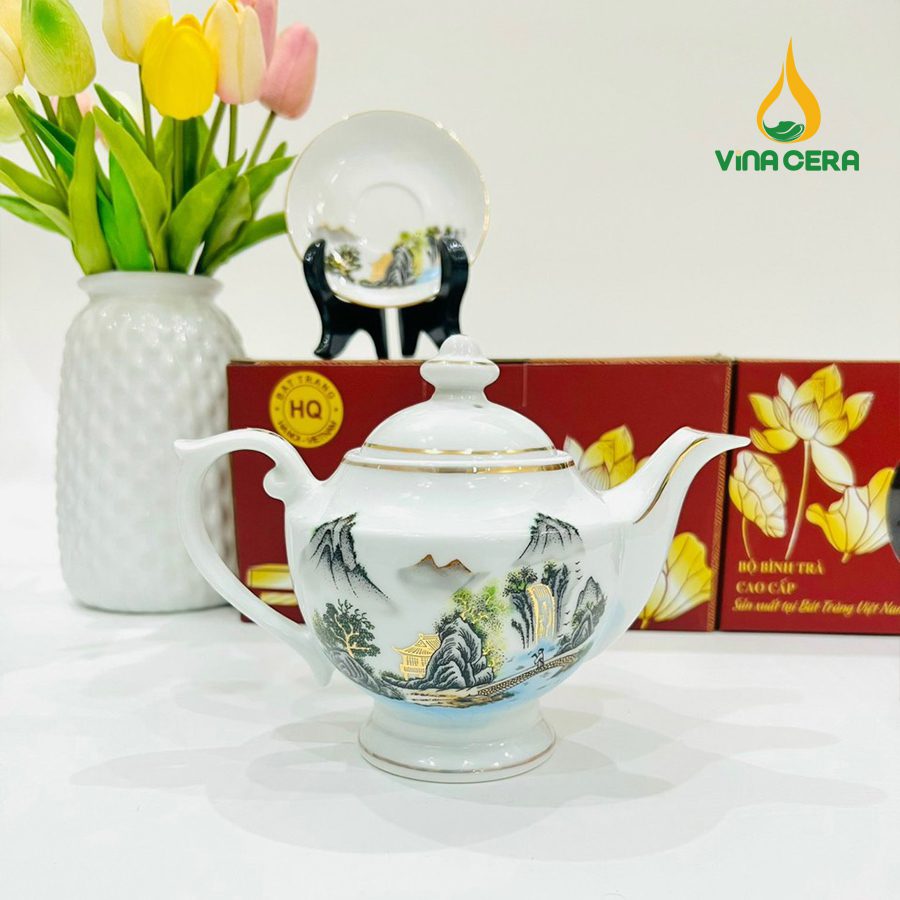 Bộ ấm Trà Bát Tràng Kẻ Vàng Hoa Văn Sơn Thủy (33) Bộ ấm Trà Bát Tràng Kẻ Vàng Hoa Văn Sơn Thủy VN AC 55